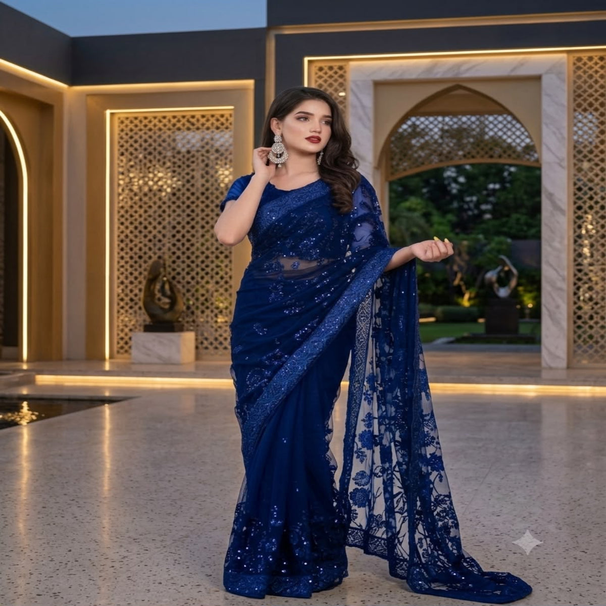 A woman models a royal blue sequined saree with a matching embroidered blouse in an elegant, modern courtyard setting with warm architectural lighting.