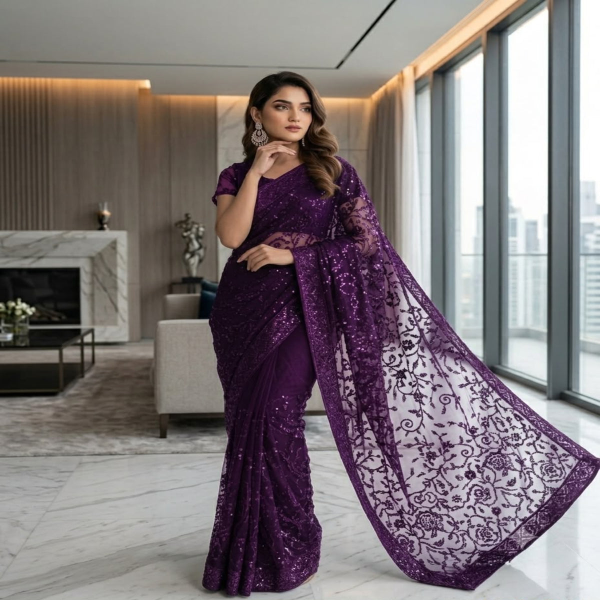 A woman models a deep purple lace saree with matching embroidered blouse in a modern, well-lit apartment living room.