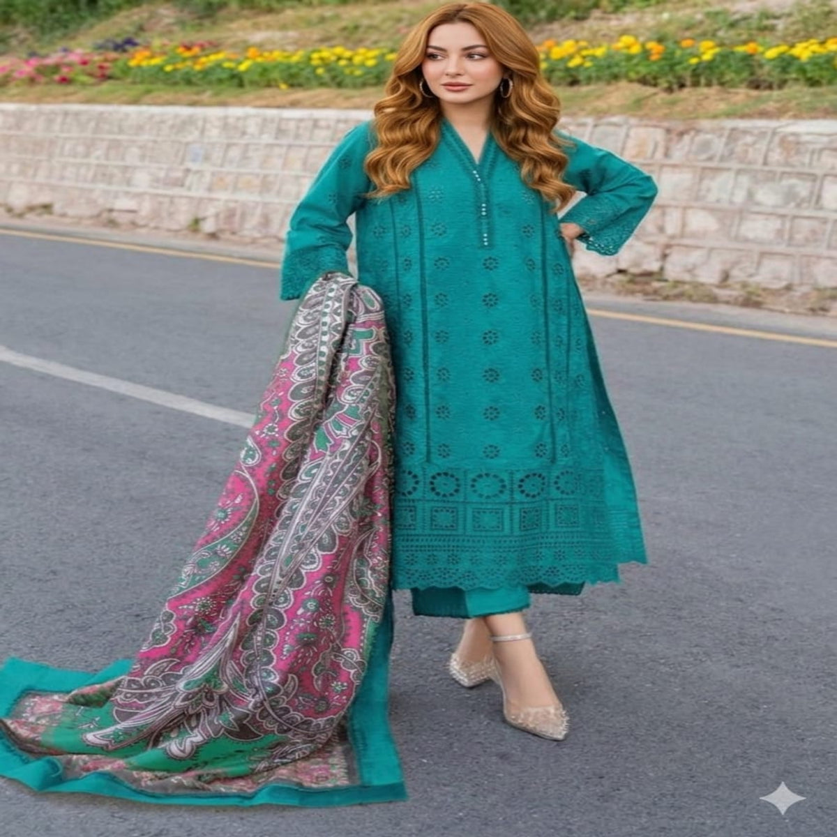 Woman in teal traditional outfit with a patterned shawl on a road.