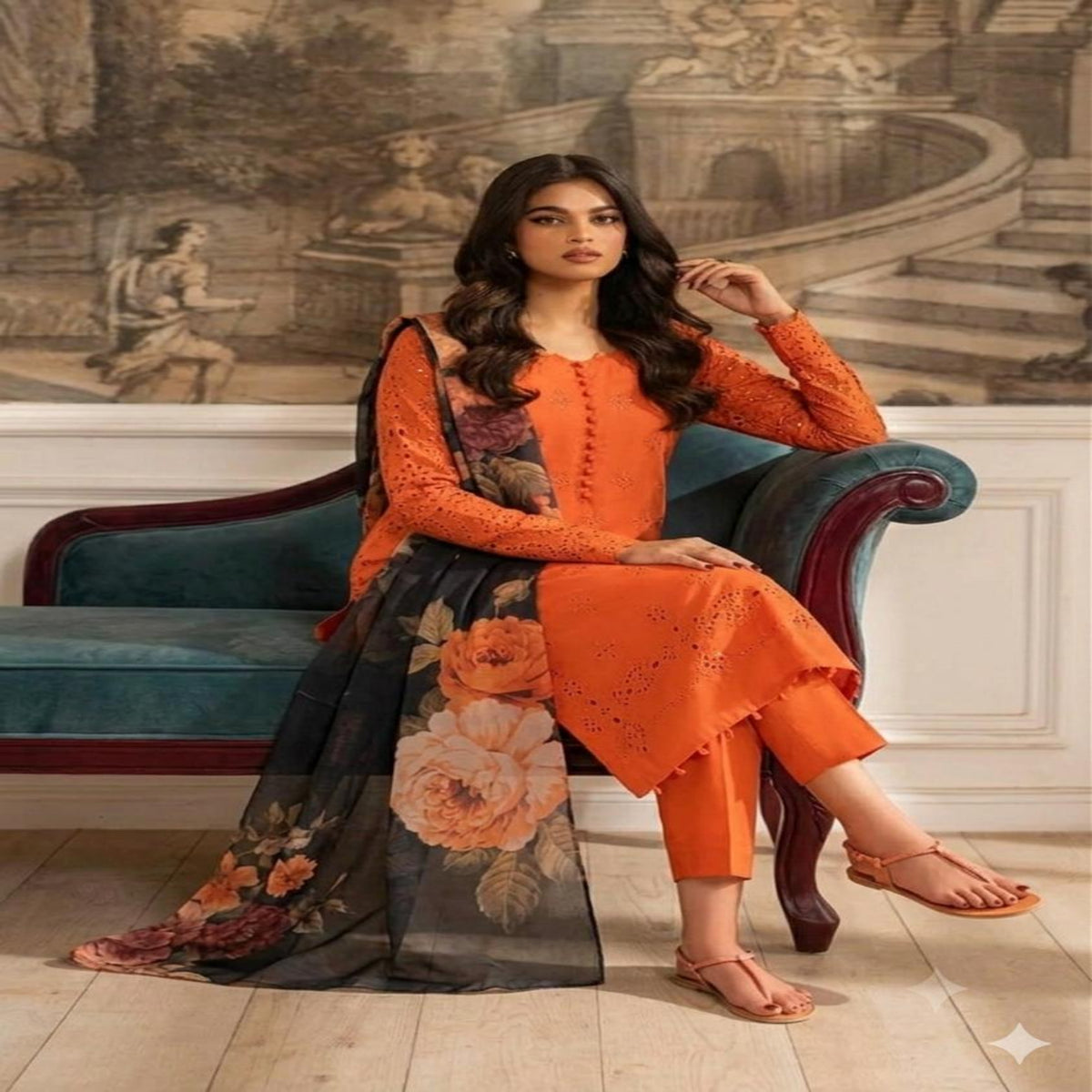 A woman models an orange salwar kameez suit with a black floral dupatta while sitting on a teal velvet armchair in front of a classical wall mural.
