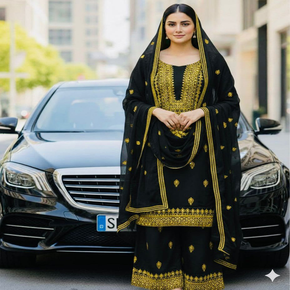 A woman stands in front of a black car wearing a black traditional outfit with ornate gold embroidery and a matching embroidered dupatta. The background is a softly blurred urban street scene.