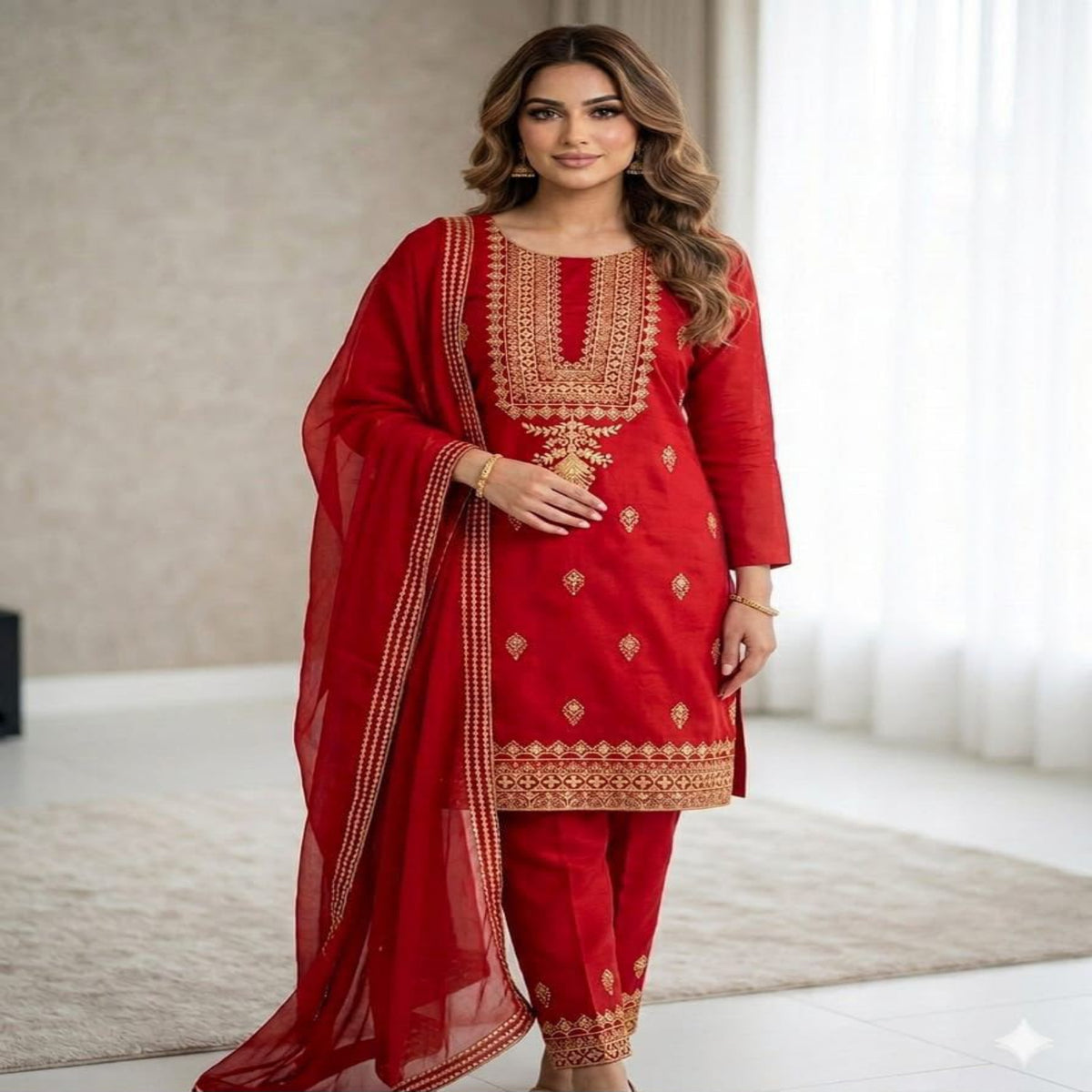 Woman wearing a red traditional outfit with gold embroidery in a minimal indoor setting.