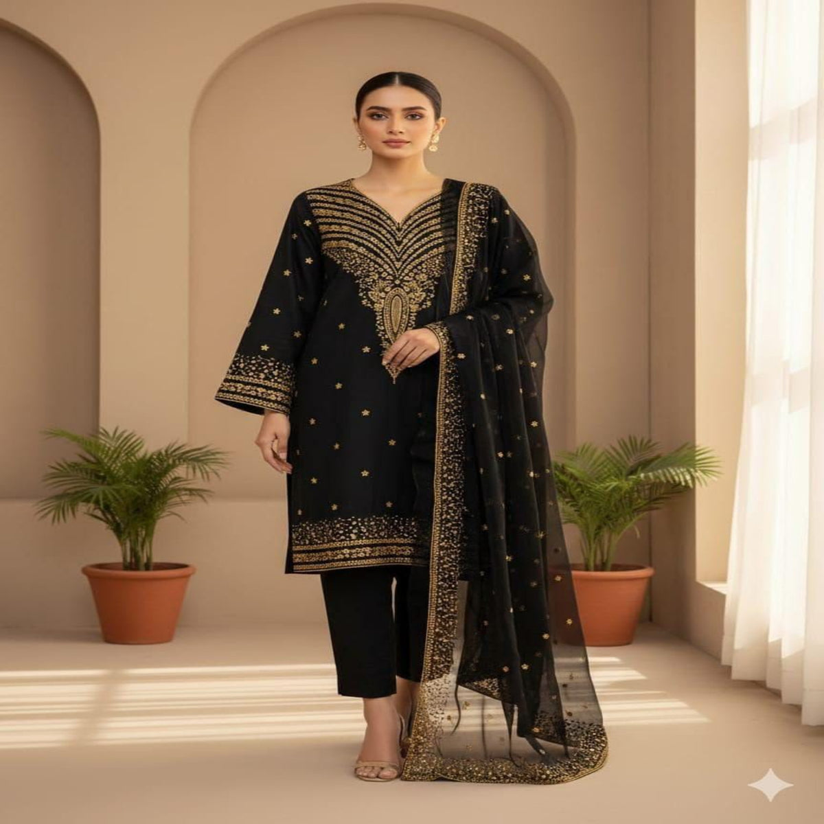 Woman in a black and gold traditional outfit standing in a well-lit room with plants.