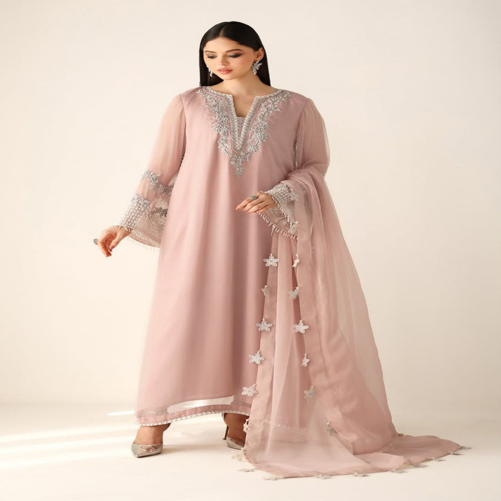 Woman wearing a pink embroidered dress on a white background
