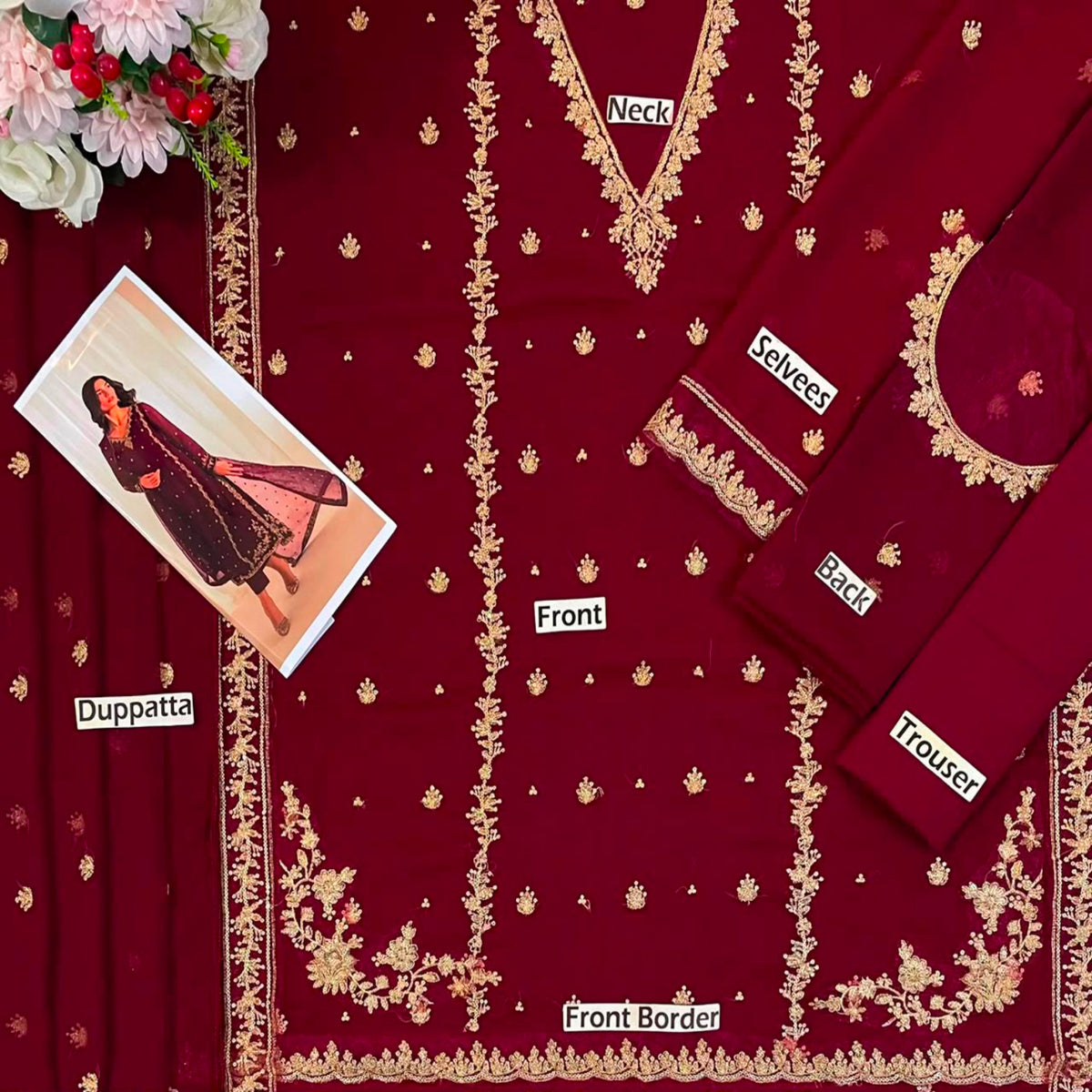 A flat-lay presentation of a deep maroon/burgundy salwar suit set with intricate gold embroidery. The set includes a kurta labeled 'Front', matching pants labeled 'Trouser', dupatta labeled 'Duppatta', and inner blouses labeled 'Select'.