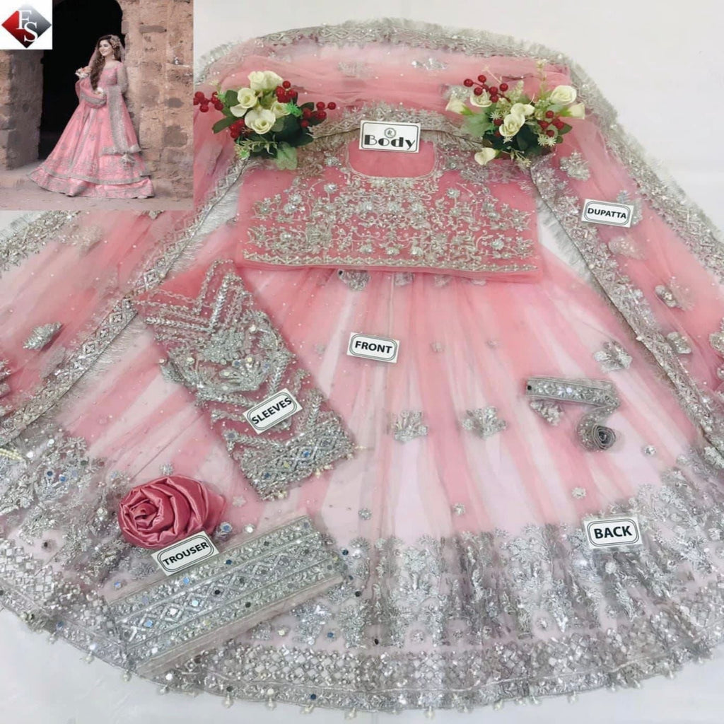Pink and silver traditional outfit with labeled parts on a white background