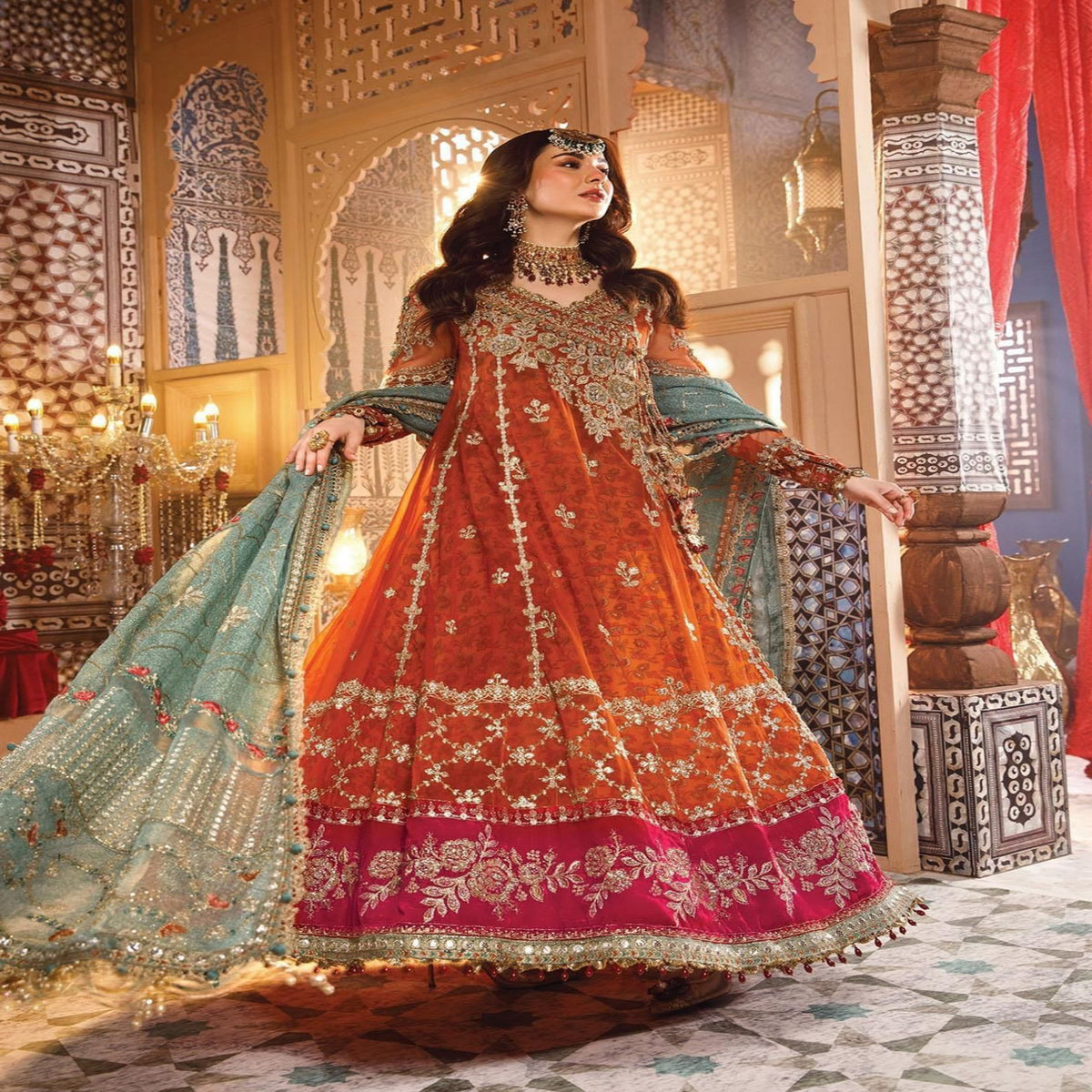 Woman in a traditional embroidered dress in an ornate interior setting