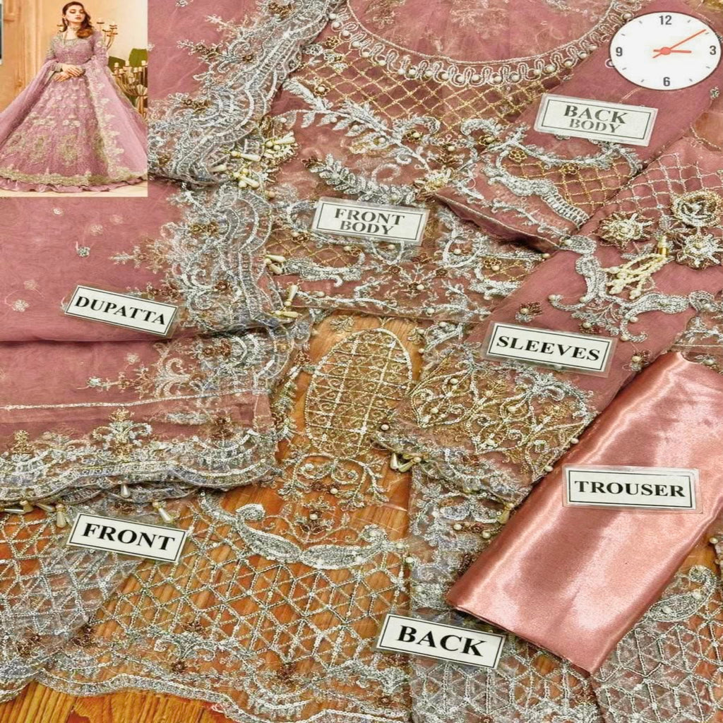 A flat-lay presentation of a pink and gold embroidered ethnic suit set, showing the front, back, sleeves, dupatta, and trouser with labels, alongside a small inset image of a model wearing the complete ensemble.