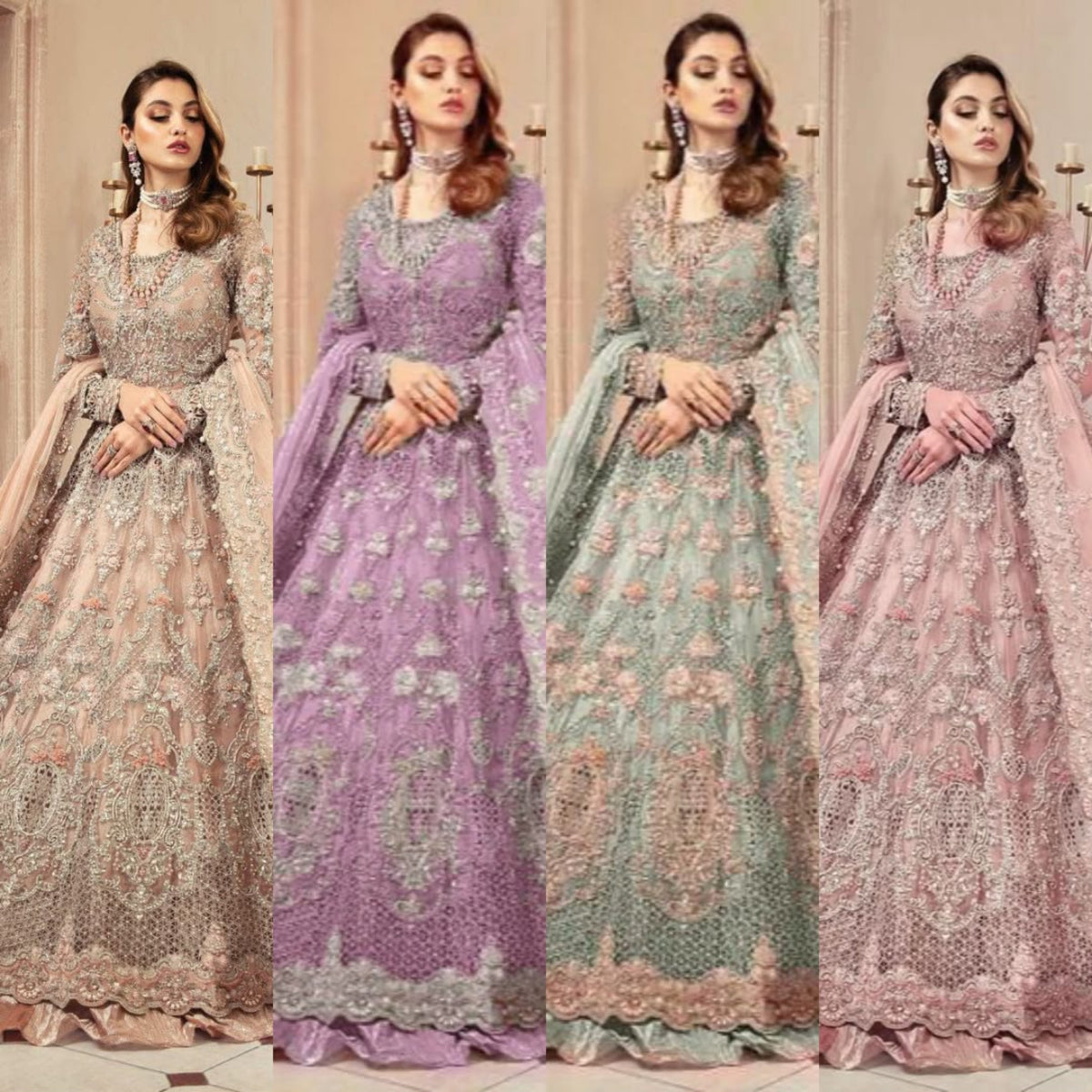 Four women modeling traditional embroidered Anarkali gowns side by side in different colors: beige, lavender, mint green, and dusty pink. Each gown features intricate floral embroidery, a long sleeve, and a matching dupatta, set against a warm beige indoor background.